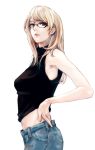  blonde_hair glasses hand_on_hip jeans lips long_hair lowres midriff opiu original red_eyes sleeveless solo sweater 