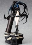  arms_up belt bikini_top black_hair black_rock_shooter black_rock_shooter_(character) blue_eyes boots chain chains checkered coat figure flat_chest glowing glowing_eyes gun long_hair navel photo scar shorts solo twintails uneven_twintails weapon wind 