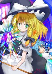  2girls ? blonde_hair blue_eyes blue_hair bow cirno green_eyes hat kirisame_marisa multiple_girls short_hair touhou witch_hat yamaque 