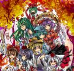  aqua_hair bad_id blonde_hair blue_eyes bow brown_hair camera detached_sleeves dress fangs frog front_ponytail green_eyes green_hair hair_bow hair_ornament hair_ribbon hair_tubes hakurei_reimu hat inubashiri_momiji kagiyama_hina kawashiro_nitori kochiya_sanae light_kiseki long_hair looking_at_viewer moriya_suwako mountain_of_faith ofuda purple_hair red_dress red_eyes ribbon shameimaru_aya short_hair silver_hair tokin_hat touhou wolf_ears yasaka_kanako 