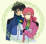  1girl couple feldt_grace flower gundam gundam_00 jacket pink_hair ponytail red_eyes setsuna_f_seiei smile uniform 