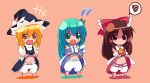  blonde_hair bloomers bow braid brown_hair chibi detached_sleeves green_eyes green_hair hair_ribbon hakurei_reimu himegi kirisame_marisa kochiya_sanae long_hair multiple_girls red_eyes ribbon short_hair side_braid skirt skirt_lift squiggle touhou yellow_eyes 