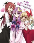  bad_id bat_wings blonde_hair blush bow closed_eyes crescent fang flandre_scarlet hair_bow head_wings heart koakuma multiple_girls open_mouth patchouli_knowledge purple_eyes purple_hair red_eyes red_hair ribbon smile touhou translated translation_request wings yatosaki_haru 