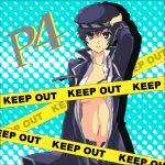  bad_id blue_eyes blue_hair caution_tape hat keep_out mosse mossu no_bra open_clothes open_shirt persona persona_4 reverse_trap ribbon shirogane_naoto shirt short_hair solo tomboy 