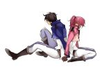  1girl couple feldt_grace gundam gundam_00 jacket pink_hair ponytail setsuna_f_seiei uniform 