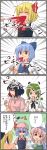  6+girls ? abekawa animal_ears antennae apron black_hair blonde_hair blood blue_eyes blue_hair blush_stickers bow bunny_ears carrot chopsticks cirno closed_eyes clothes_writing comic cup eating fang fork green_hair hair_bow hammock happy highres ice inaba_tewi jewelry kirisame_marisa multiple_girls necklace onozuka_komachi outstretched_arms pink_eyes pink_hair red_eyes remilia_scarlet rumia saigyouji_yuyuko spicy sweatdrop touhou translated translation_request triangular_headpiece what wings wriggle_nightbug 