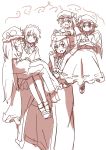  5girls :d bad_id blush bow braid carrying closed_eyes crossed_arms dress female flandre_scarlet flying footwear hair_between_eyes hand_on_head hat hat_bow head_tilt hong_meiling izayoi_sakuya legs legs_crossed long_hair looking_at_viewer maid maid_headdress mob_cap monochrome multiple_girls open_mouth patchouli_knowledge piggyback princess_carry profile puffy_short_sleeves puffy_sleeves remilia_scarlet shibasaki_shouji shoes short_hair short_sleeves siblings simple_background sisters sleeping smile star touhou twin_braids vampire white_background wings 