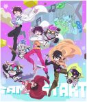  1girl 5boys ?_block beamed_semiquavers belt brown_hair chibi dan_kuroto hanaya_taiga holographic_monitor houjou_emu kagami_hiiro kamen_rider kamen_rider_brave kamen_rider_ex-aid kamen_rider_ex-aid_(series) kamen_rider_lazer kamen_rider_snipe kuujou_kiriya male_focus multiple_boys musical_note necktie pink_background poppi_pipopapo short_hair simple_background smile striped striped_necktie treble_clef waura 