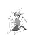  1girl barefoot eunnieboo full_body greyscale hair_bun hat monochrome mouth_hold needle original scissors sewing sewing_needle shirt short_shorts shorts sleeveless sleeveless_shirt solo thread witch_hat 