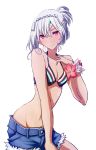  1girl attila_(fate/grand_order) bikini_top blush fate/extella fate/extra fate/grand_order fate_(series) highres himo jewelry navel red_eyes ring shorts simple_background smile solo tattoo white_background white_hair 