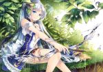  1girl arrow bare_shoulders blue_eyes blue_hair bow_(weapon) breasts cleavage dress droplet frills hair_ornament leaf long_hair looking_at_viewer outdoors ponytail quiver rain sid_story sitting sliverbin solo very_long_hair weapon 