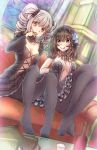  2girls black_dress black_gloves black_hair blue_eyes breasts cleavage commentary_request couch dress drill_hair feet flower gloves hair_between_eyes hair_flower hair_ornament hairband highres idolmaster idolmaster_cinderella_girls idolmaster_cinderella_girls_starlight_stage kanzaki_ranko long_hair long_sleeves looking_at_viewer medium_breasts multiple_girls on_couch pantyhose sagisawa_fumika shǒu_zhǒng silver_hair smile thigh-highs twin_drills 