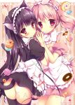  2girls animal_ears apron ass black_hair black_legwear blush candy cat_ears cat_tail checkerboard_cookie cookie cupcake doughnut food hairband inu_x_boku_ss lollipop long_hair macaron maid maid_apron multiple_girls no_panties pink_hair rabbit_ears red_eyes roromiya_karuta shirakiin_ririchiyo shiratama_(shiratamaco) short_hair tail thigh-highs twintails waist_apron 