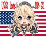  1girl american_flag blonde_hair blue_eyes breasts cannon character_name chibi cleavage elbow_gloves fingerless_gloves front-tie_top garter_straps gloves hair_between_eyes iowa_(kantai_collection) kantai_collection looking_at_viewer machinery miniskirt neko_danshaku open_mouth skirt standing star star-shaped_pupils striped symbol-shaped_pupils thigh-highs vertical_stripes 