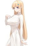  1girl bangs blonde_hair blue_eyes blunt_bangs blush breasts dress highres large_breasts lina_(michihasu) long_hair long_sleeves looking_at_viewer michihasu original simple_background smile white_dress 