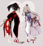  2boys anzai105 armor barefoot black_hair bridal_gauntlets brown_eyes eye_contact eyes_visible_through_hair geta hair_over_one_eye hat heart ima-no-tsurugi japanese_armor japanese_clothes katana kogarasumaru_(touken_ranbu) long_hair looking_at_another male_focus multiple_boys pom_pom_(clothes) ponytail red_eyes silver_hair sode sword tantou tengu-geta tokin_hat touken_ranbu very_long_hair weapon wide_sleeves 