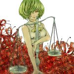 1girl ascot balance_scale flower green_hair hair_over_one_eye highres kazami_yuuka shirt short_hair sleeveless sleeveless_shirt solo spider_lily tommy_koh touhou weighing_scale 