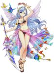  1girl armlet artist_request bare_shoulders bikini blue_eyes blue_hair bracelet breasts cleavage fish full_body hair_ornament holding jewelry long_hair looking_at_viewer sandals sarong shironeko_project simple_background smile solo standing sunglasses swimsuit weapon white_background 