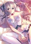  1girl absurdres bare_shoulders blush bow bowtie breasts carnelian collar corset frills highres kantai_collection kashima_(kantai_collection) large_breasts lavender_hair lingerie lying navel open_mouth panties solo thigh_strap twintails underwear violet_eyes white_legwear wrist_cuffs 