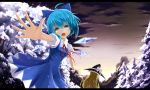  2girls bad_id blonde_hair blue_eyes blue_hair bow cherry_blossoms cirno crying frills hair_bow hat hat_bow ice ice_wings kirisame_marisa letterboxed long_hair multiple_girls open_mouth outstretched_arms puffy_sleeves sgtxiaoxin short_hair short_sleeves snow tears touhou very_long_hair wings witch_hat 