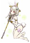  1girl animal_ears barefoot braid elin_(tera) fingerless_gloves gloves legs leotard long_hair menokonome rabbit_ears red_eyes sketch solo staff tail tera_online thigh_strap twin_braids twintails weapon white_hair 