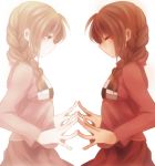  braid brown_hair closed_eyes fingers highres long_hair long_sleeves madotsuki pink_shirt purple_skirt red_eyes reflection ruko-ruko shirt skirt sweater touching twin_braids yume_nikki 