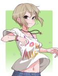  1girl bare_arms black_eyes dripping earrings flower flower_necklace gazacy_(dai) green_background highres idolmaster idolmaster_cinderella_girls jewelry light_brown_hair looking_at_viewer navel necklace off_shoulder shiomi_shuuko shirt short_hair smile solo stud_earrings sweat sweating t-shirt upper_body 