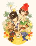  1boy 1girl :o backpack bag bangs baseball_cap beanie black_eyes black_hair blue_hair bow closed_eyes copyright_name cutiefly female_protagonist_(pokemon_sm) floral_print flower green_shorts hair_bow hand_on_another&#039;s_shoulder hand_on_own_chin hat hat_pin indian_style kneeling litten_(pokemon) male_protagonist_(pokemon_sm) palm_tree pechika pokemon pokemon_(creature) pokemon_(game) pokemon_sm red_legwear rockruff rowlet shirt shoes short_hair short_sleeves shorts shoulder_bag sitting sneakers socks striped striped_shirt swept_bangs tail tail_bow tied_shirt togedemaru tree twitter_username wristband 