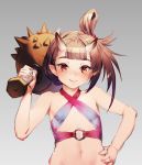  1girl bangs blunt_bangs blush club commentary_request cozy flat_chest hand_on_hip highres holding holding_weapon horn horns long_hair looking_at_viewer navel oni oni_horns original pointy_ears simple_background smile solo weapon 