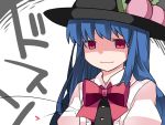  1girl arms_at_sides bangs black_hat blue_hair breasts collared_shirt commentary_request food fruit hair_between_eyes hair_over_shoulder hammer_(sunset_beach) hat hinanawi_tenshi long_hair looking_at_viewer neck_ribbon outside_border peach red_eyes red_ribbon ribbon shaded_face shirt small_breasts touhou translation_request upper_body wavy_mouth white_shirt 