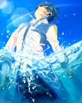  1boy absurdres blue_nails closed_eyes coat creamyya happy highres kaito lens_flare male_focus midriff nail_polish navel partially_submerged rainbow sky smile solo vocaloid water wet wet_clothes wet_hair 