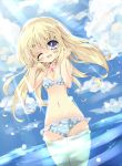  1girl bikini blonde_hair blue_eyes choker collet_brunel highres long_hair milkpanda smile solo swimsuit tales_of_(series) tales_of_symphonia water wink 