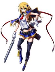  1girl arc_system_works belt black_legwear blazblue blazblue:_chronophantasma blonde_hair blue_boots boots capelet dual_wielding full_body gloves green_eyes gun hair_ornament handgun holster knee_boots long_hair microskirt necktie noel_vermillion official_art simple_background skirt solo thigh-highs trigger_discipline weapon white_background white_gloves zipper 