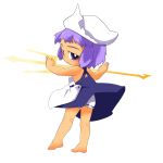  1girl barefoot bloomers child female hamahara_yoshio hat highres letty_whiterock polearm purple_hair short_hair smile solo touhou trident underwear violet_eyes weapon white_background 