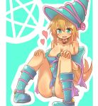  1girl aqua_background bad_id bare_shoulders blonde_hair blue_boots blush_stickers boots breasts choker cleavage dark_magician_girl duel_monster dyson_(edaokunnsaikouya) dyson_giga_drain fang green_eyes hat heart jewelry large_breasts long_hair necklace open_mouth panties pentacle pentagram solo underwear white_panties witch_hat yu-gi-oh! yuu-gi-ou_duel_monsters 