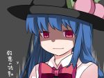  1girl bangs black_background black_hat blue_hair breasts collared_shirt commentary dark directional_arrow flat_chest food fruit hair_between_eyes hair_over_shoulder hammer_(sunset_beach) hat hinanawi_tenshi long_hair looking_at_viewer looking_down motion_lines neck_ribbon peach red_eyes red_ribbon ribbon shaded_face shirt smile solo touhou translated upper_body wavy_mouth white_shirt 