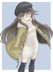  1girl alternate_costume arashio_(kantai_collection) bespectacled black_legwear boots brown_eyes brown_hair casual coat glasses green-framed_eyewear hat highres kantai_collection long_hair semi-rimless_glasses smile solo striped sweater t2r thigh-highs turtleneck_sweater under-rim_glasses vertical_stripes zipper 