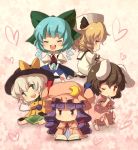  5girls :&lt; animal_ears blonde_hair blue_hair blueberry_(5959) book bunny_tail chibi cirno crescent dress dress_lift drill_hair green_eyes heart highres inaba_tewi komeiji_koishi luna_child multiple_girls patchouli_knowledge purple_hair rabbit_ears red_eyes silver_hair sitting tail touhou violet_eyes wings wink 