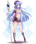  1girl bare_shoulders blue_hair boots breasts cleavage cross-laced_footwear flower hair_flower hair_ornament harlem_heart hat highres jewelry knee_boots lace-up_boots light_particles long_hair mage midriff navel open_mouth orb original smile solo staff standing tanedahiwa_(carduelini) veil very_long_hair weapon 