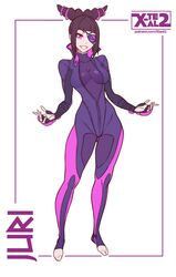  1girl black_hair character_name full_body han_juri looking_at_viewer smile solo street_fighter street_fighter_v toeless_legwear violet_eyes x-teal2 