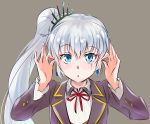  1girl blue_eyes blush highres iesupa long_hair looking_at_viewer rwby scar side_ponytail solo weiss_schnee white_hair 