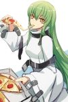  1girl c.c. code_geass eating food food_in_mouth green_hair long_hair looking_at_viewer pizza prime sitting solo straitjacket yellow_eyes 