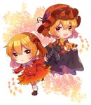 2girls aki_minoriko aki_shizuha arm_garter barefoot black_skirt blonde_hair chibi dress folded_leg food frilled_sleeves frills from_behind fruit gradient gradient_background grapes hair_between_eyes hair_ornament hat highres holding_skirt layered_dress leaf leaf_background leaf_hair_ornament leaf_on_head long_sleeves looking_at_viewer looking_back maple_leaf mob_cap multiple_girls open_hands open_mouth orange_hat outstretched_arms red_eyes renka_(sutegoma25) sash shoes short_hair siblings sisters skirt skirt_hold smile socks spread_arms standing standing_on_one_leg touhou white_legwear yellow_eyes 