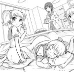  4girls akaza_akari drooling dutch_angle food fruit funami_yui kotatsu monochrome multiple_girls orange out_of_frame pcmaniac88 potato_chips school_uniform serafuku sleeping table toshinou_kyouko yoshikawa_chinatsu yuru_yuri 