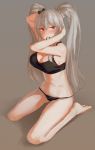  1girl barefoot black_bra black_panties blush bra breasts bunching_hair character_request cleavage copyright_request hair_between_eyes large_breasts mouth_hold navel noccu panties red_eyes solo twintails underwear 