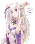  1girl arms_behind_head bare_shoulders braid breasts cleavage cleavage_cutout detached_sleeves elf emilia_(re:zero) flower french_braid from_side hair_flower hair_ornament hair_ribbon highres ice_(ice_aptx) lips long_hair looking_at_viewer medium_breasts pointy_ears re:zero_kara_hajimeru_isekai_seikatsu ribbon silver_hair thank_you upper_body violet_eyes 