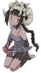  1girl @_@ absurdres bangs bare_shoulders barefoot black_hair blunt_bangs braid dark_skin gauntlets highres long_hair looking_at_viewer open_mouth original red_eyes seiza simple_background sitting skull_helmet solo white_background yamamoto_souichirou 