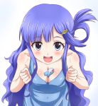  1girl asari_nanami bare_arms bare_shoulders between_breasts blue_dress blue_eyes blue_hair blush breasts cleavage clenched_hands collarbone commentary_request dress eyebrows eyebrows_visible_through_hair from_above gradient gradient_background hair_ornament hairclip idolmaster idolmaster_cinderella_girls long_hair looking_at_viewer looking_up open_mouth shiny shiny_skin solo trg_(pixiv) 