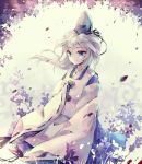  1girl hat hichou japanese_clothes kariginu looking_away mononobe_no_futo plant pom_pom_(clothes) silver_hair simple_background skirt smile solo sunlight tagme tate_eboshi touhou very_long_sleeves wide_sleeves 