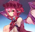  1girl animal_ears arm_garter bird_wings bow hat highres knees_to_chest long_sleeves looking_at_viewer mob_cap mystia_lorelei pink_bow pink_hair puffy_long_sleeves puffy_sleeves purple_vest red_eyes renka_(sutegoma25) shirt short_hair sky solo star_(sky) starry_sky touhou white_shirt wings 